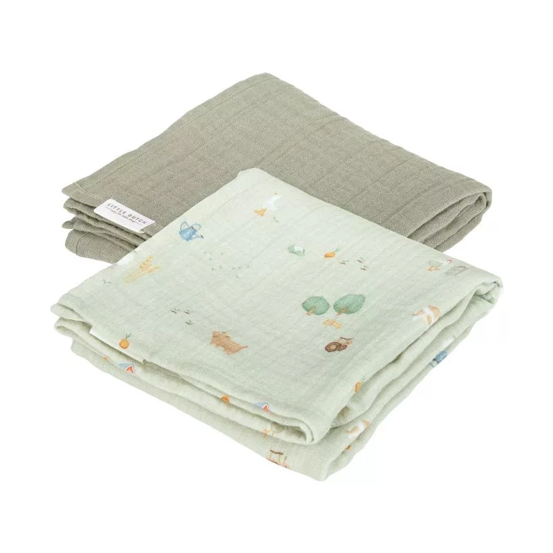 Little Dutch wikkeldoek, 2-pack, formaat 70x70 cm, in olijfkleur, zacht en absorberend hydrofiel materiaal, perfect voor het inbakeren, afdrogen en verzorgen van baby's.